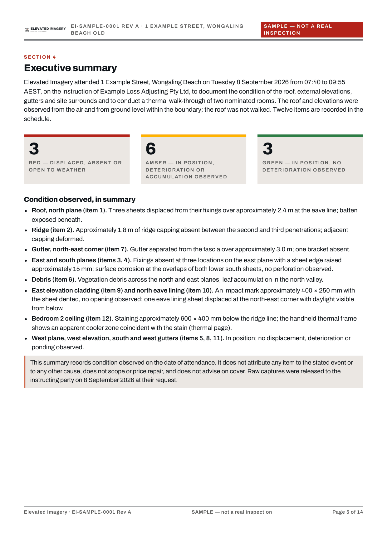 Sample report, page 5: executive summary with Red, Amber and Green counts