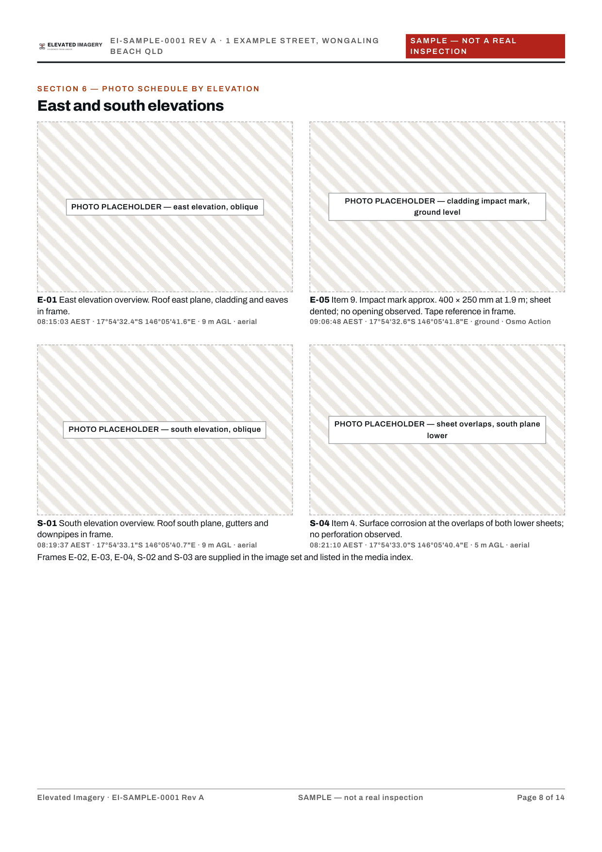 Sample report, page 8: photo schedule, east and south elevations